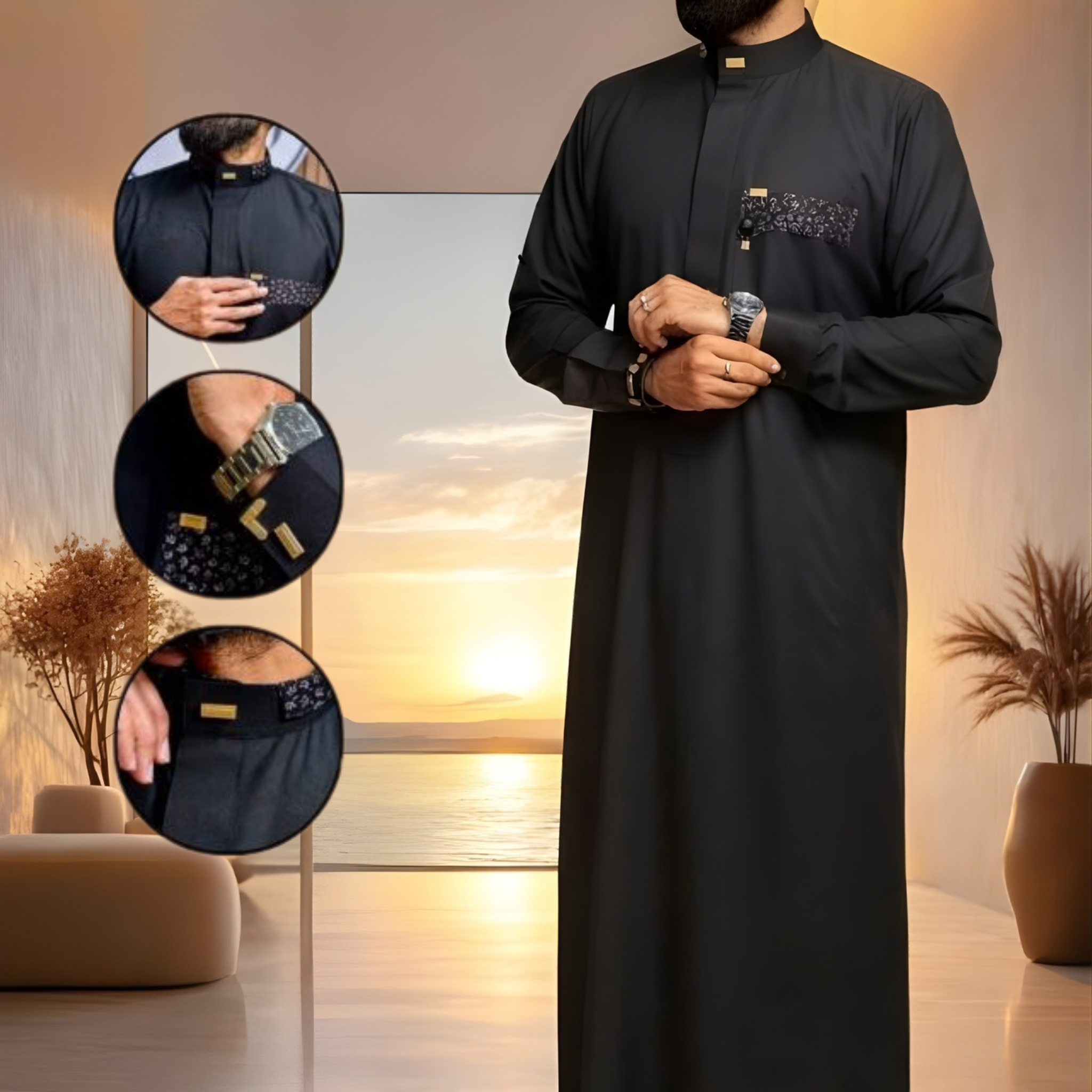 Qamis Col Contrasté Couleur Noir